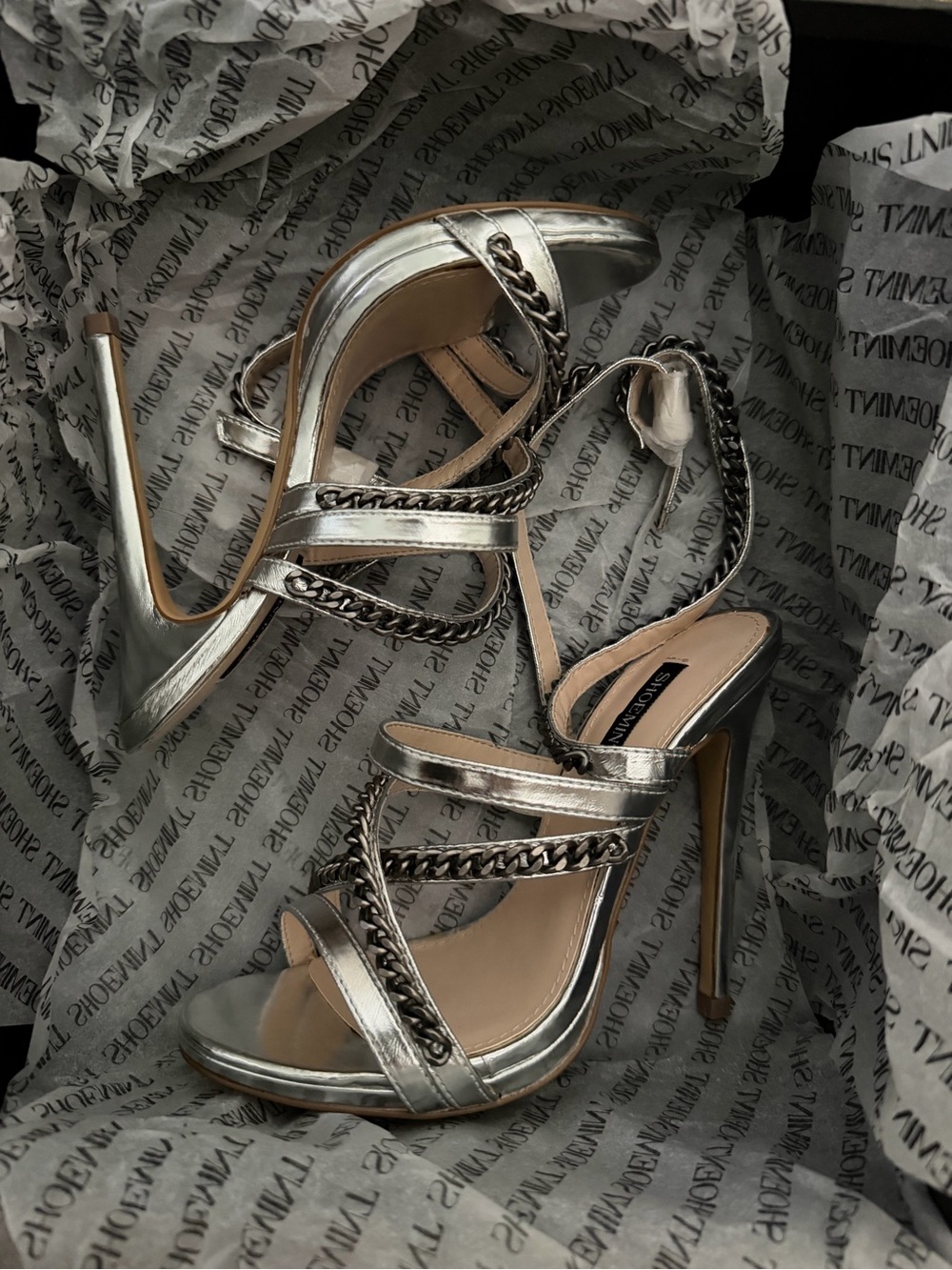 ShoeMint Metallic Silver Chain-Strap High Heel Sandals - Women